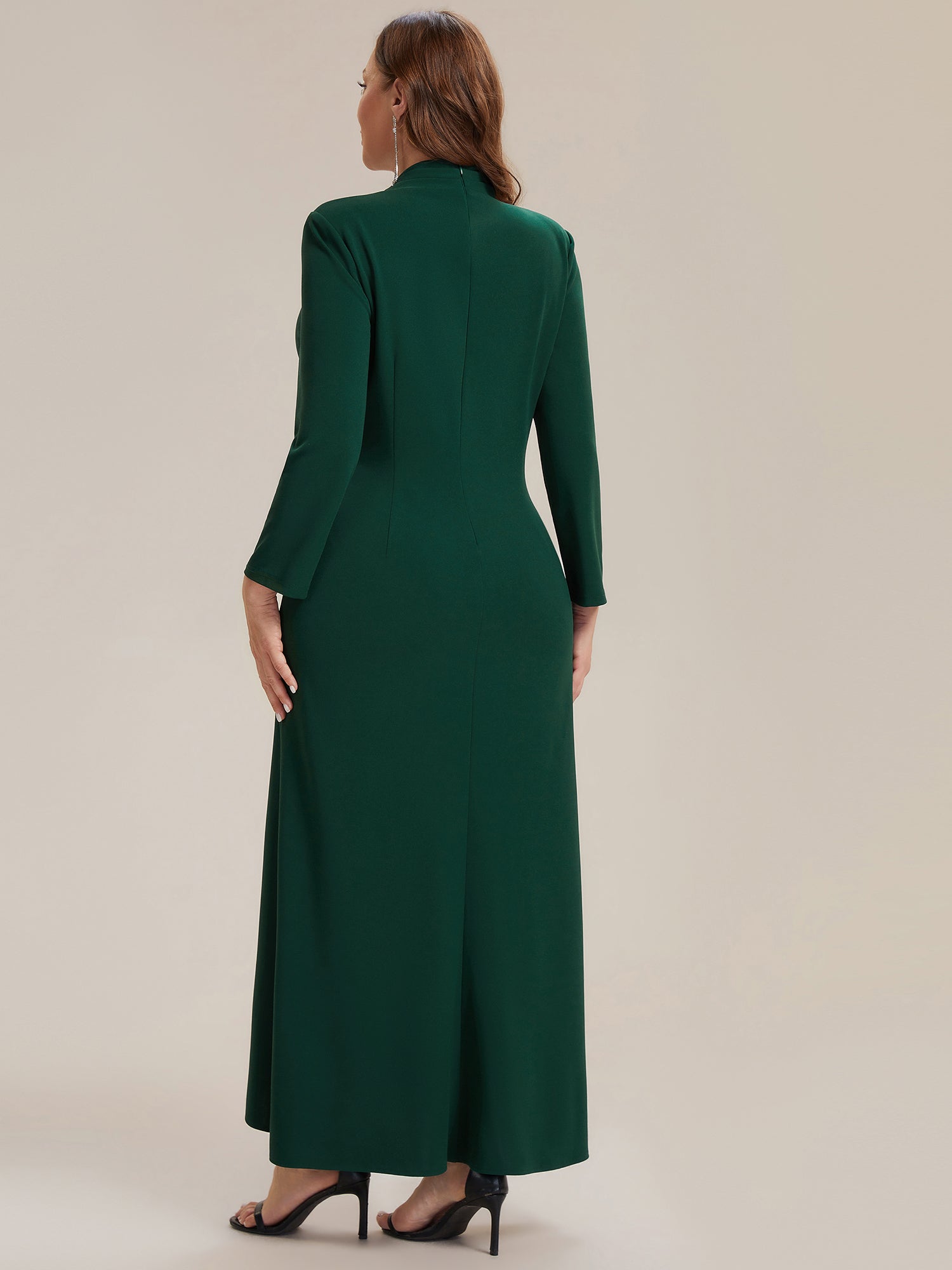 Robe moulante ¨¤ manches longues en V avec ourlet asym¨¦trique volants et fermeture ¨¦clair au dos #Couleur_Vert Fonce