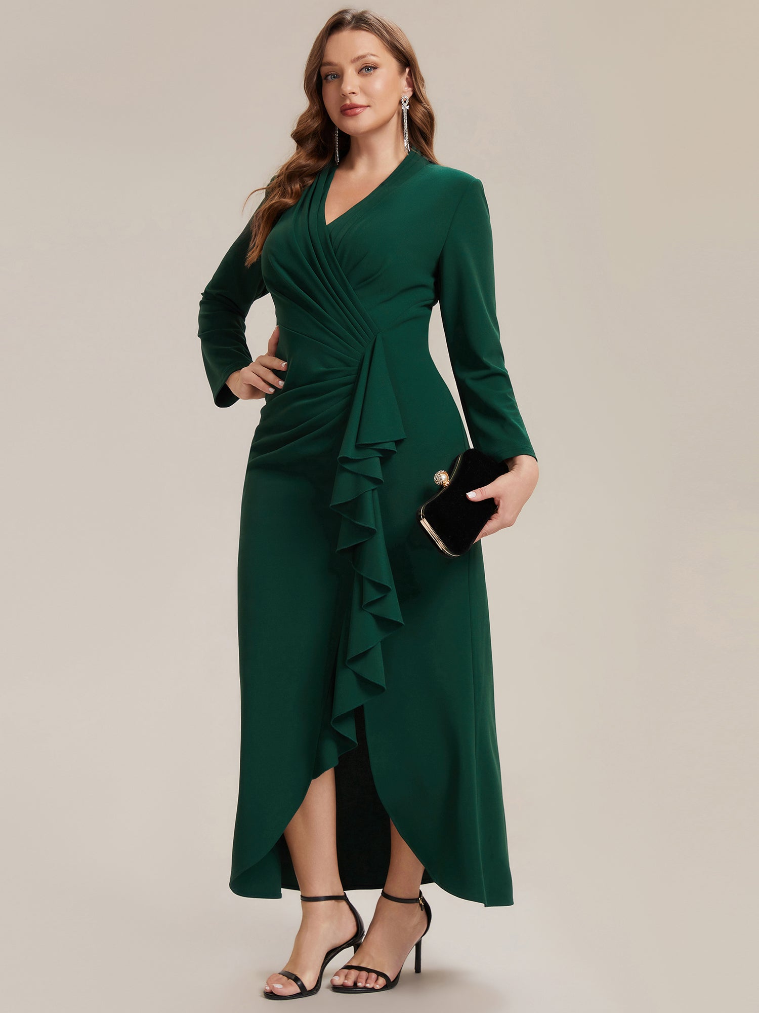 Robe moulante ¨¤ manches longues en V avec ourlet asym¨¦trique volants et fermeture ¨¦clair au dos #Couleur_Vert Fonce