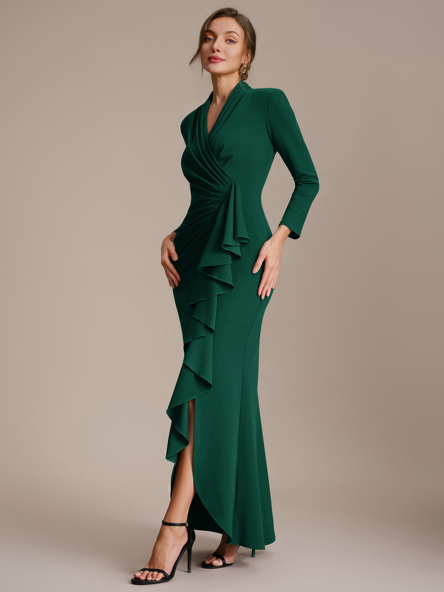 Robe moulante ¨¤ manches longues en V avec ourlet asym¨¦trique volants et fermeture ¨¦clair au dos #Couleur_Vert Fonce