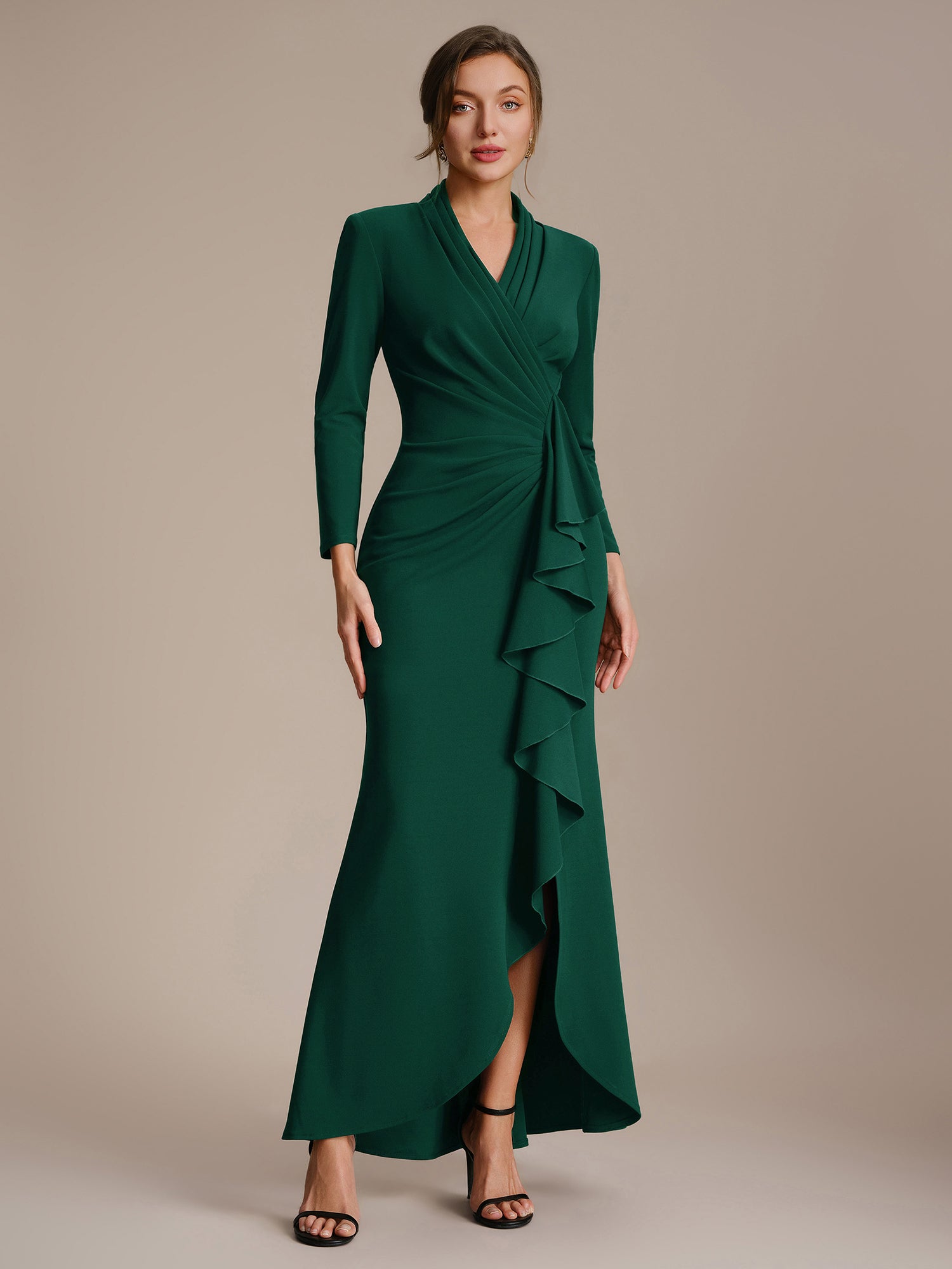Robe moulante ¨¤ manches longues en V avec ourlet asym¨¦trique volants et fermeture ¨¦clair au dos #Couleur_Vert Fonce