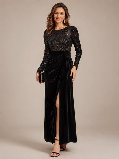 Robe de soirée longue en velours à paillettes et manches longues