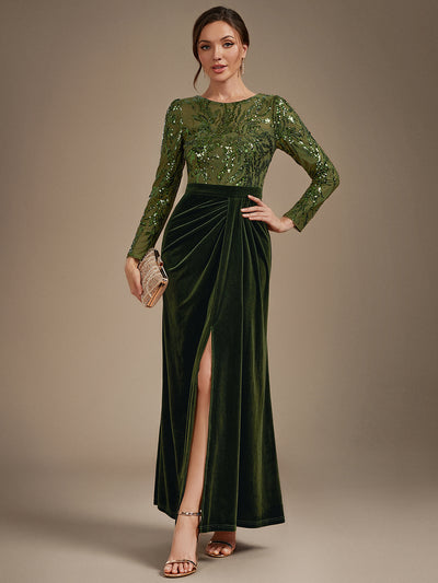 Robe de soirée longue en velours à paillettes et manches longues