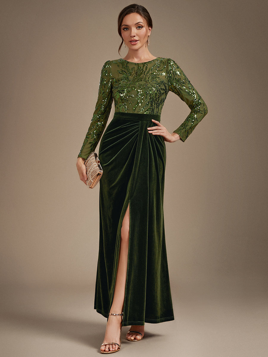 Velours Fourreau Manches ajustées Fermeture zippée au dos Sans coques, avec doublure. Robe #Couleur_Vert Olive