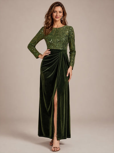 Robe de soirée longue en velours à paillettes et manches longues