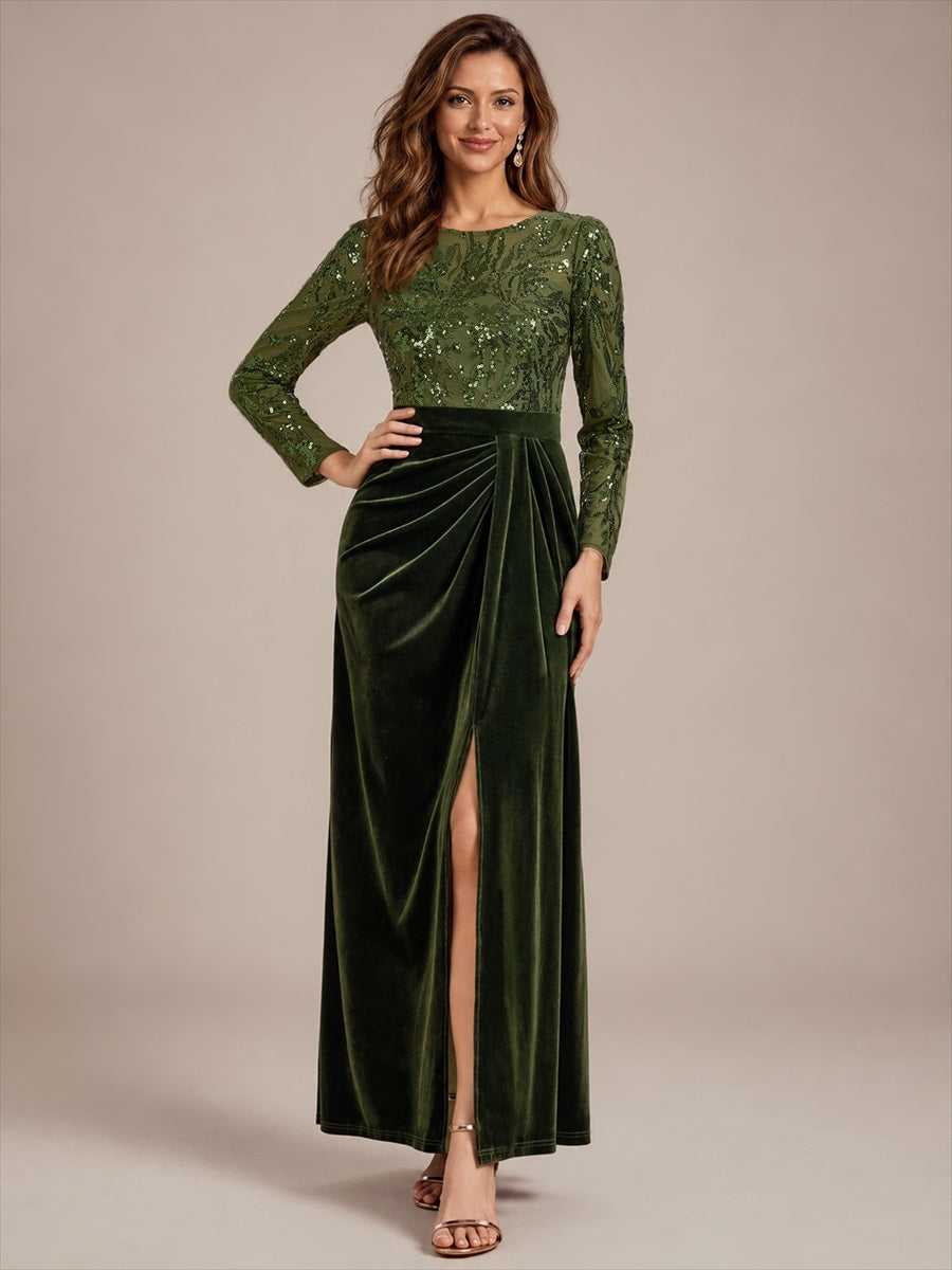 Velours Fourreau Manches ajustées Fermeture zippée au dos Sans coques, avec doublure. Robe #Couleur_Vert Olive