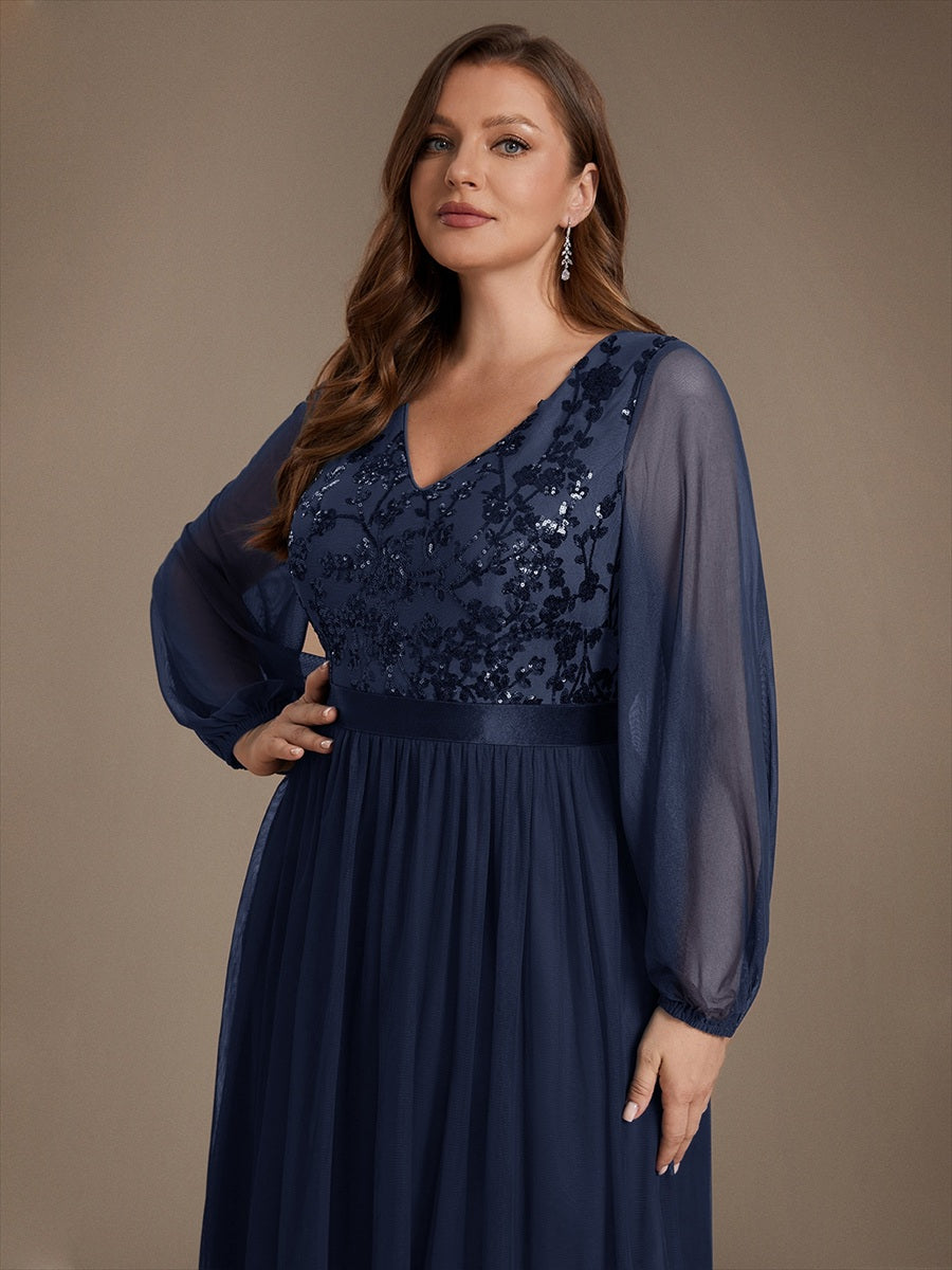 Robe maxi A-line à manches longues en V ornée de sequins avec manches bouffantes #Couleur_Bleu Marine