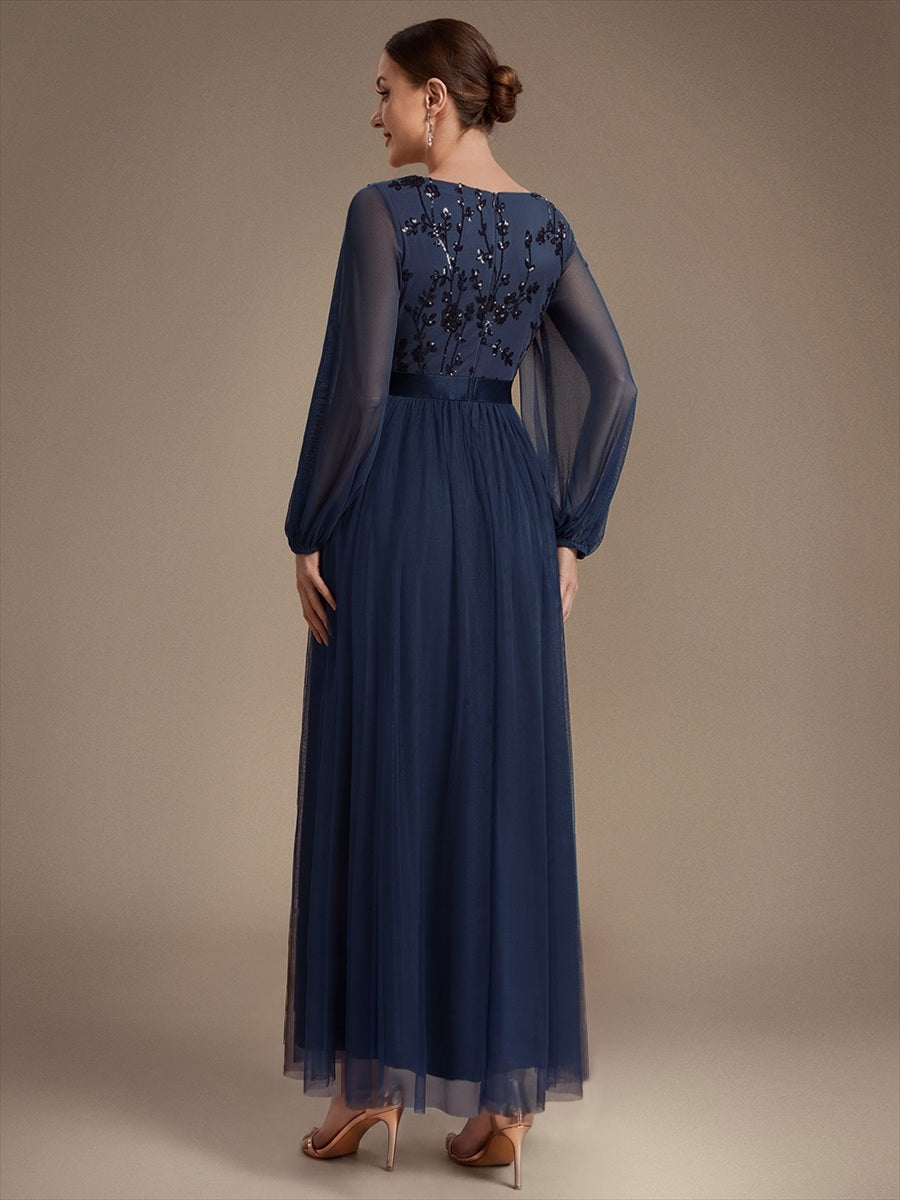Robe maxi A-line à manches longues en V ornée de sequins avec manches bouffantes #Couleur_Bleu Marine