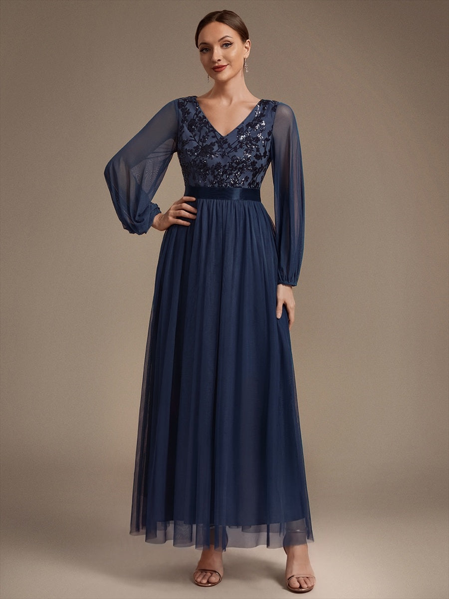 Robe maxi A-line à manches longues en V ornée de sequins avec manches bouffantes #Couleur_Bleu Marine