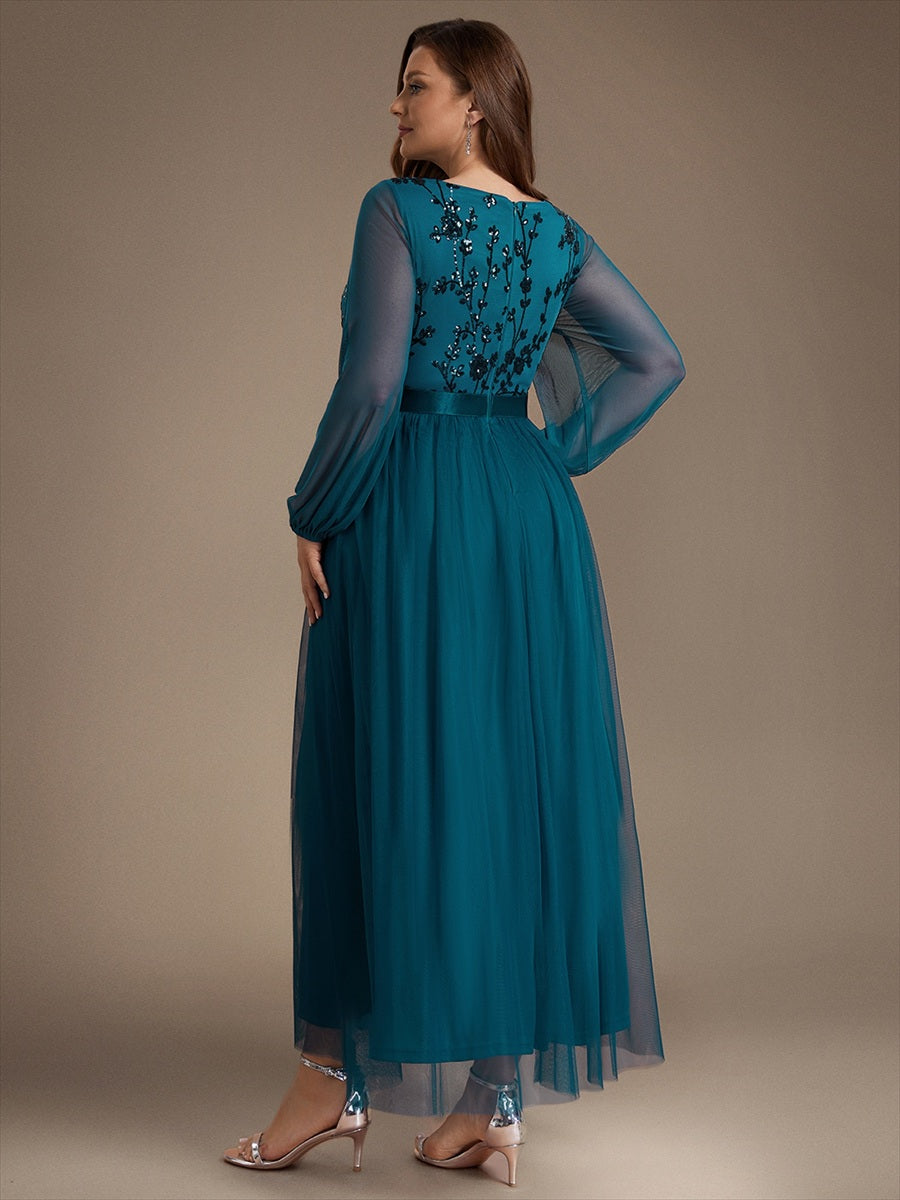 Robe maxi A-line à manches longues en V ornée de sequins avec manches bouffantes #Couleur_Bleu Sarcelle