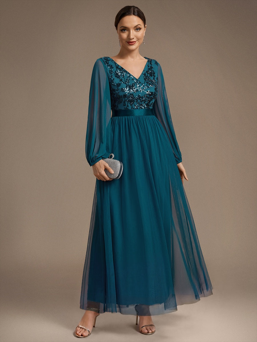 Robe maxi A-line à manches longues en V ornée de sequins avec manches bouffantes #Couleur_Bleu Sarcelle