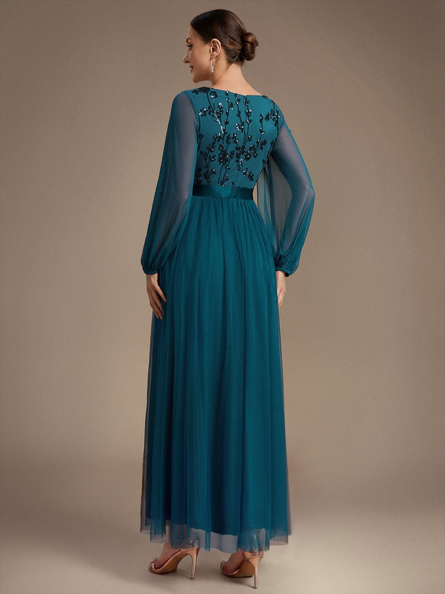 Robe maxi A-line à manches longues en V ornée de sequins avec manches bouffantes #Couleur_Bleu Sarcelle