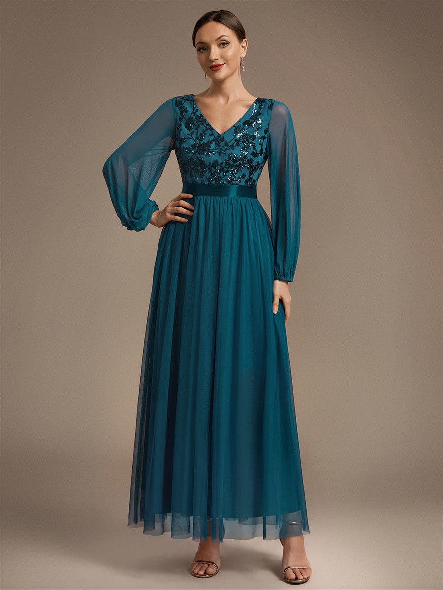 Robe maxi A-line à manches longues en V ornée de sequins avec manches bouffantes #Couleur_Bleu Sarcelle