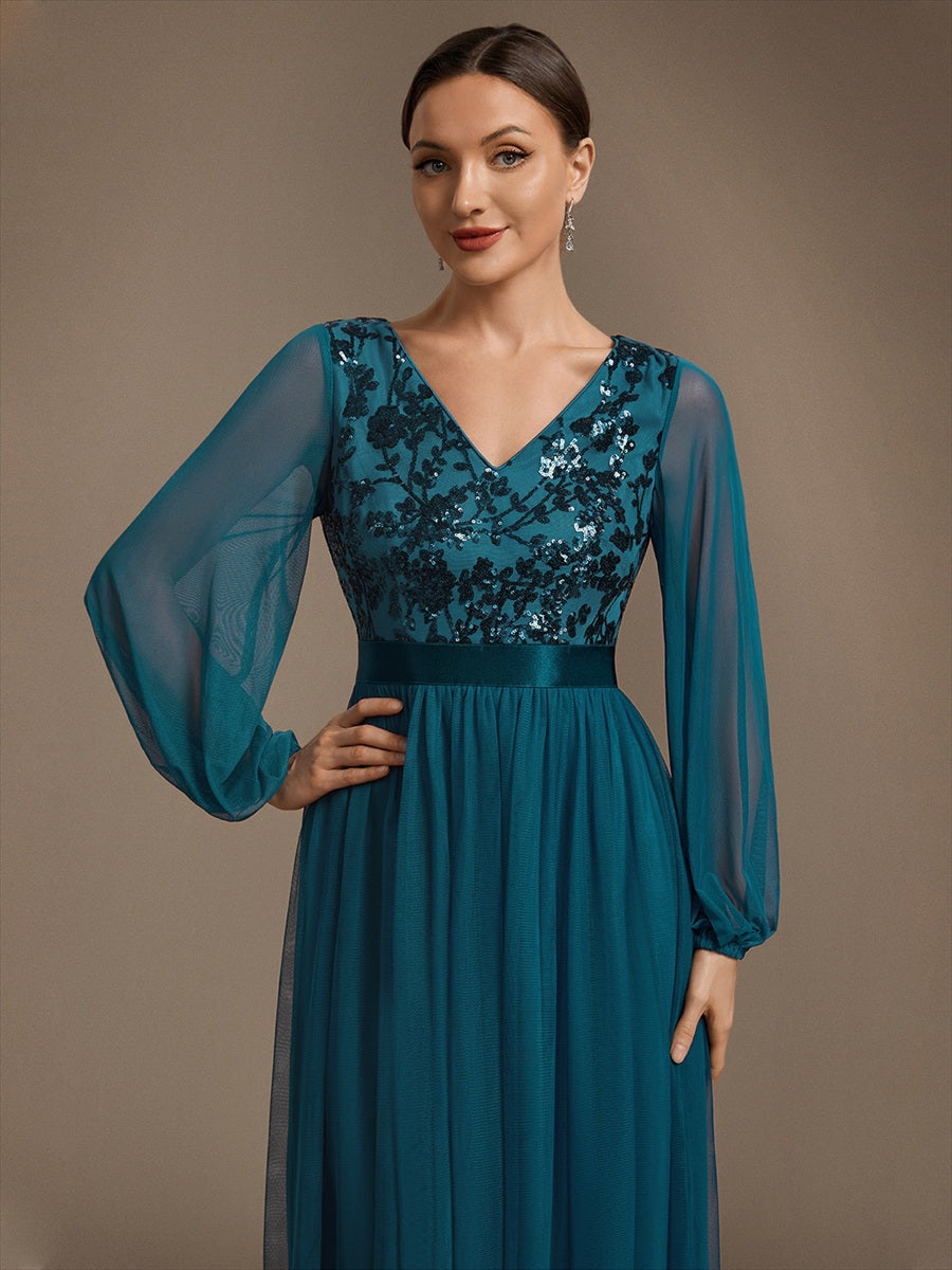 Robe maxi A-line à manches longues en V ornée de sequins avec manches bouffantes #Couleur_Bleu Sarcelle