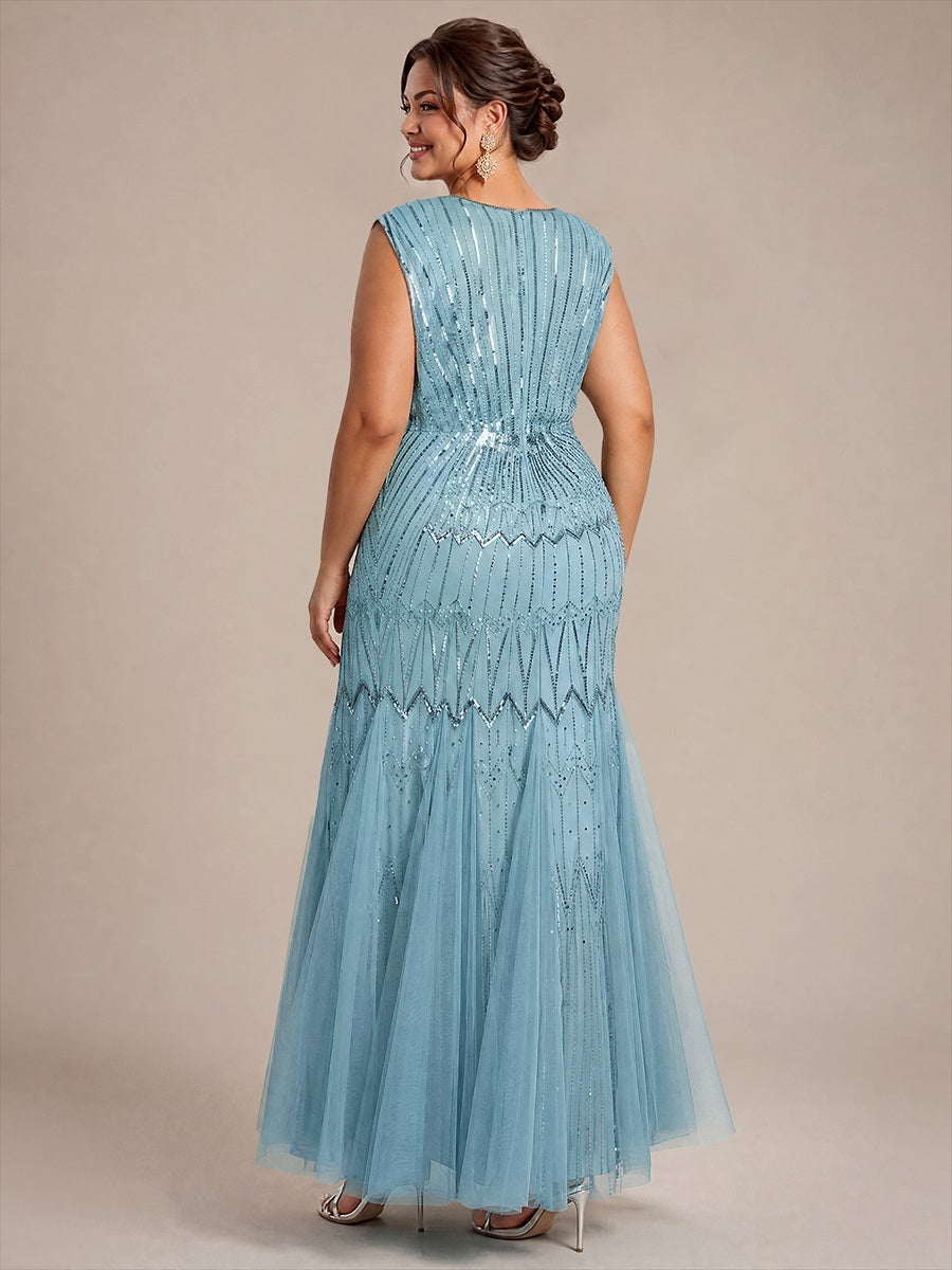 Tulle avec Col V, Sirène, Sans manches, et robe de soirée #Couleur_Bleu Ciel
