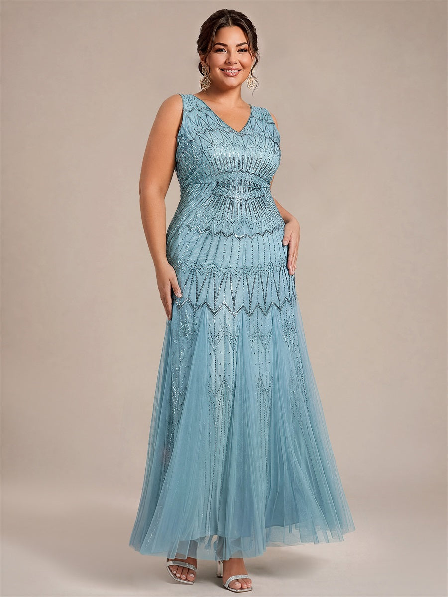 Tulle avec Col V, Sirène, Sans manches, et robe de soirée #Couleur_Bleu Ciel