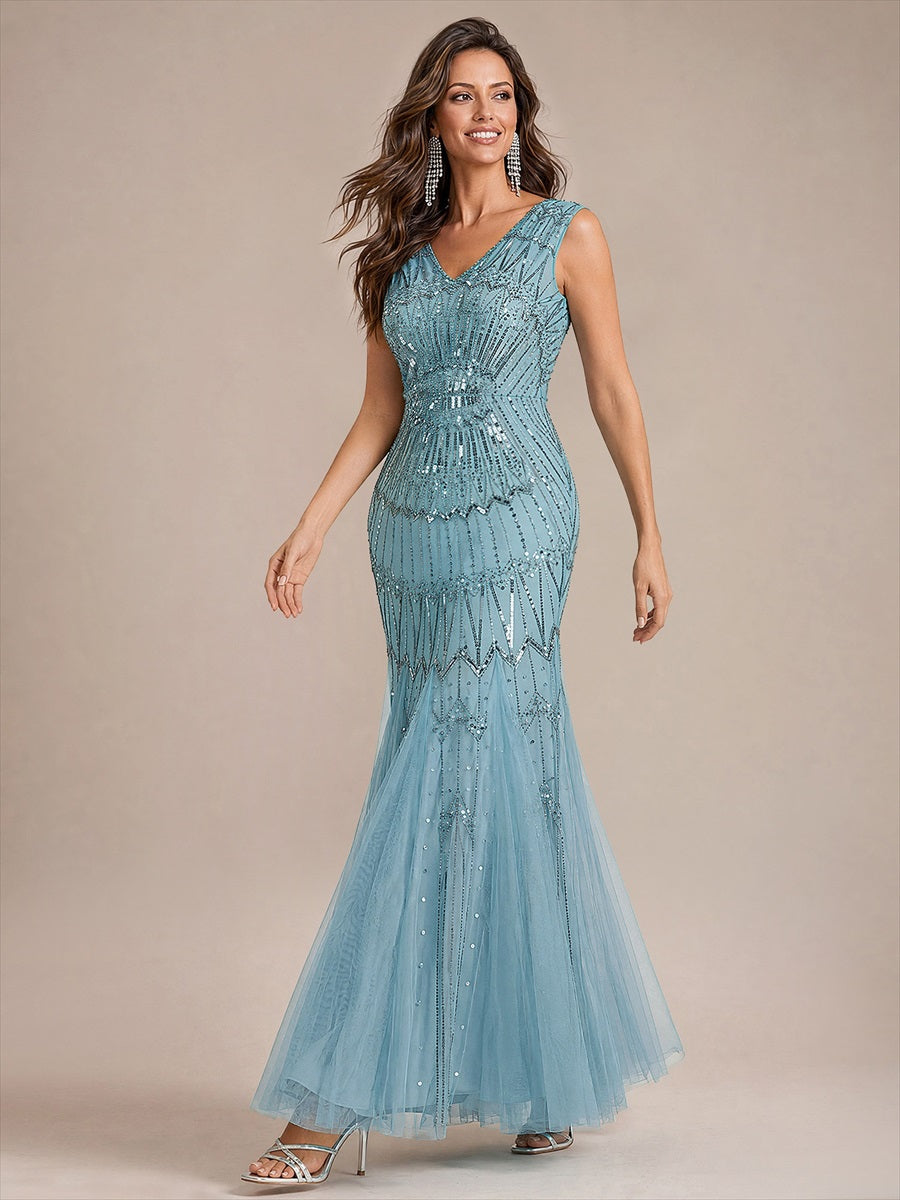 Tulle avec Col V, Sirène, Sans manches, et robe de soirée #Couleur_Bleu Ciel