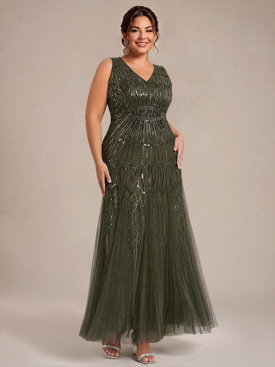 Tulle avec Col V, Sirène, Sans manches, et robe de soirée #Couleur_Vert Olive