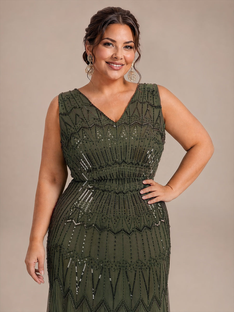 Tulle avec Col V, Sirène, Sans manches, et robe de soirée #Couleur_Vert Olive
