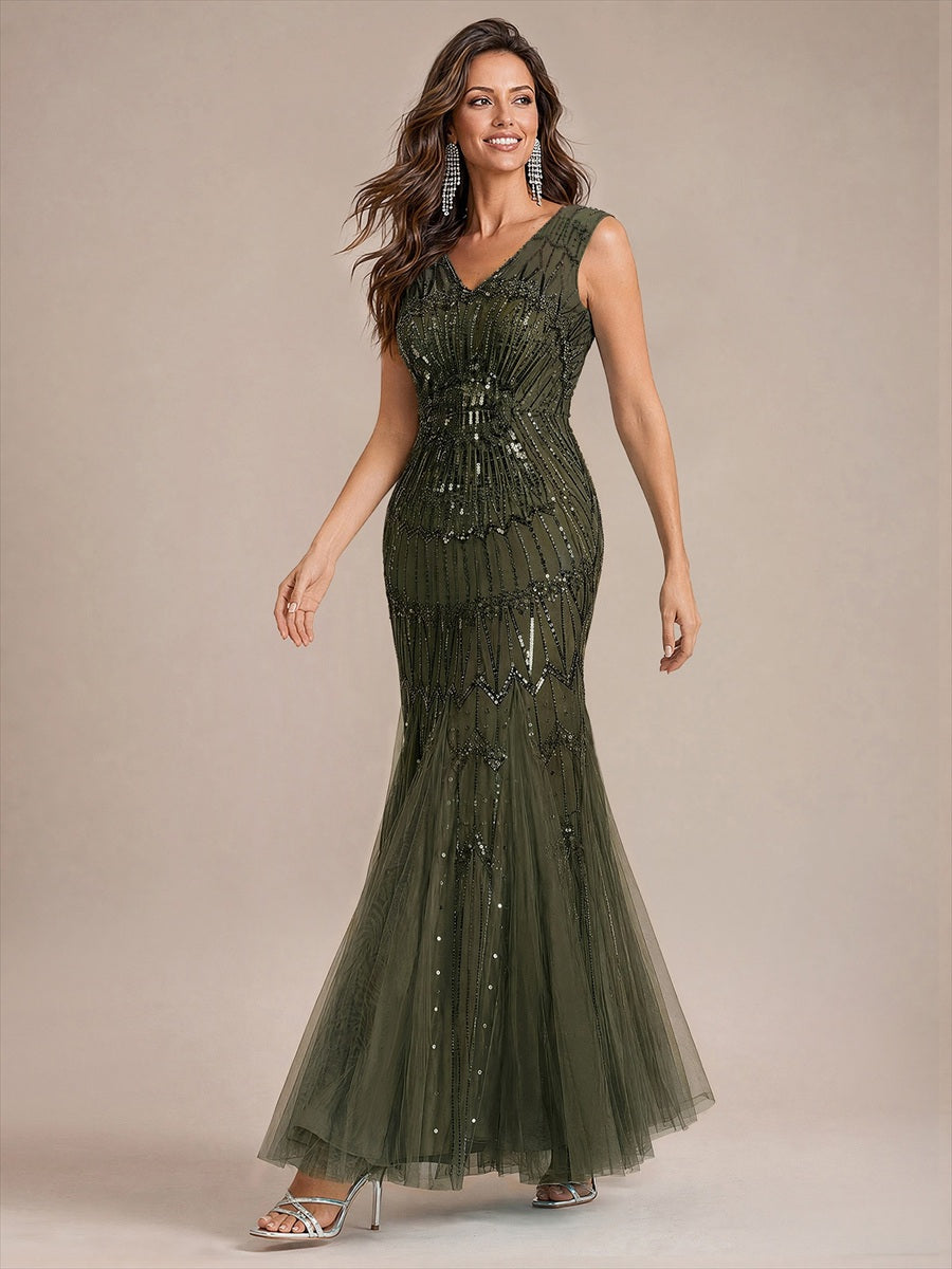 Tulle avec Col V, Sirène, Sans manches, et robe de soirée #Couleur_Vert Olive