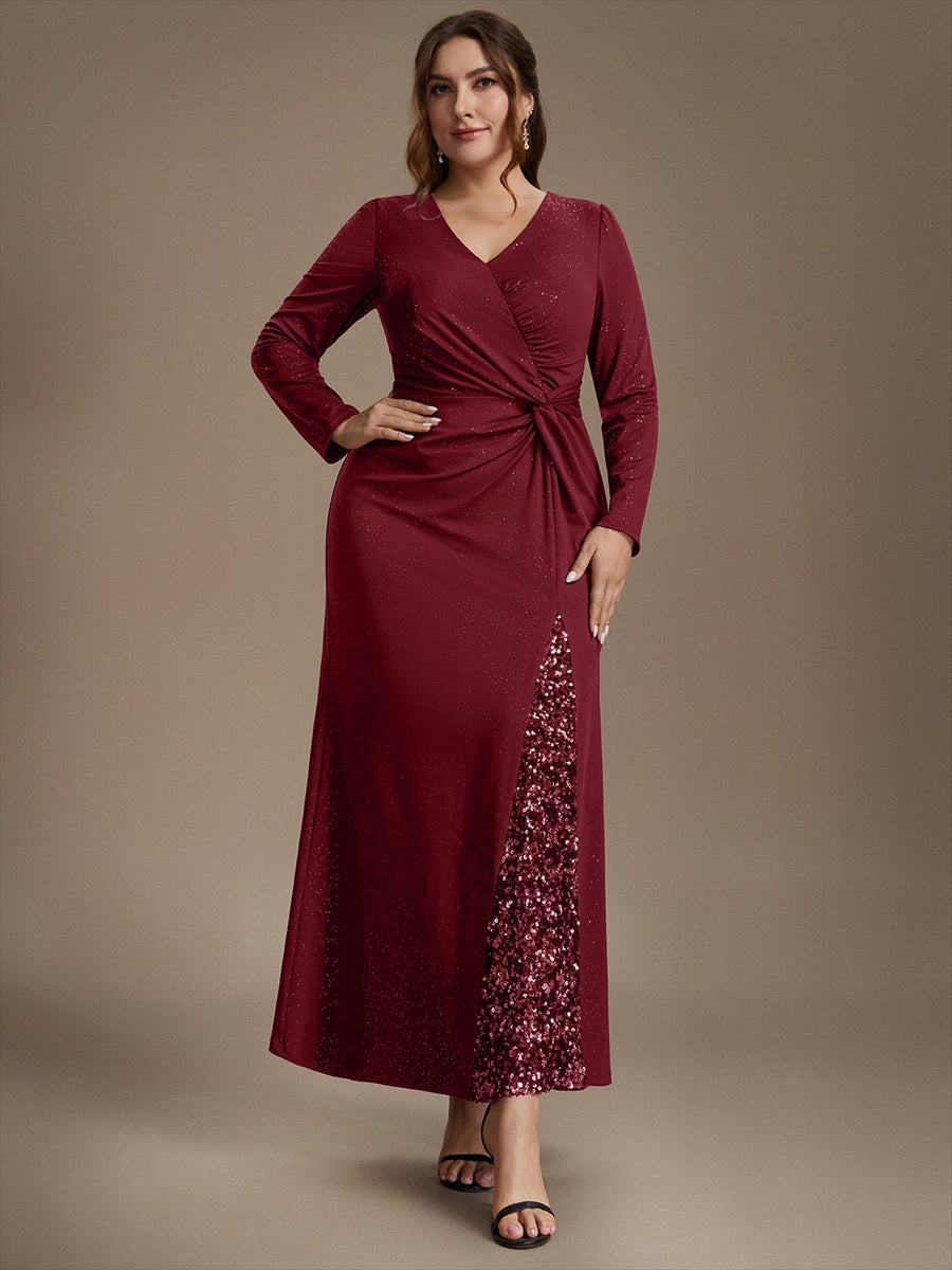 Robe maxi bodycon à manches longues en V avec sequins et fermeture éclair au dos #Couleur_Bordeaux