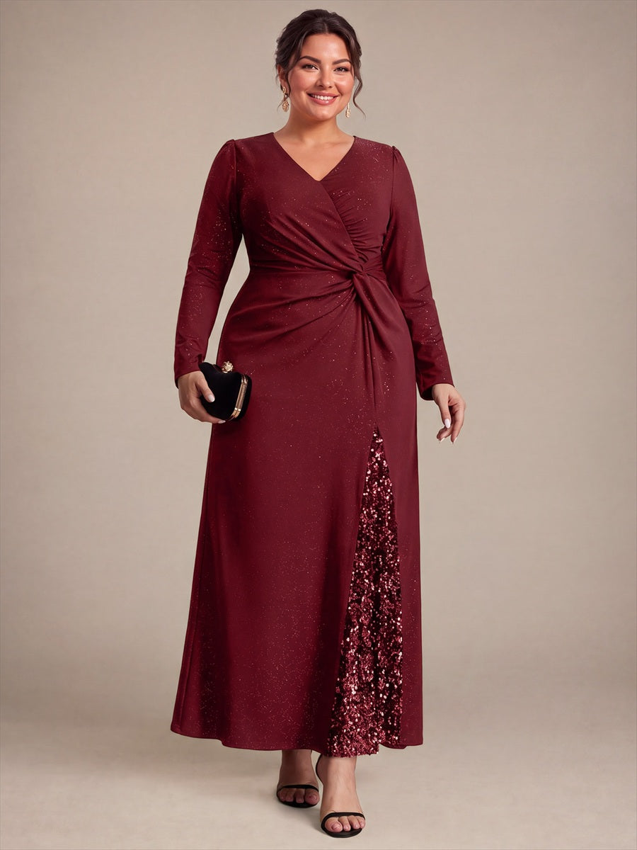 Robe maxi bodycon à manches longues en V avec sequins et fermeture éclair au dos #Couleur_Bordeaux
