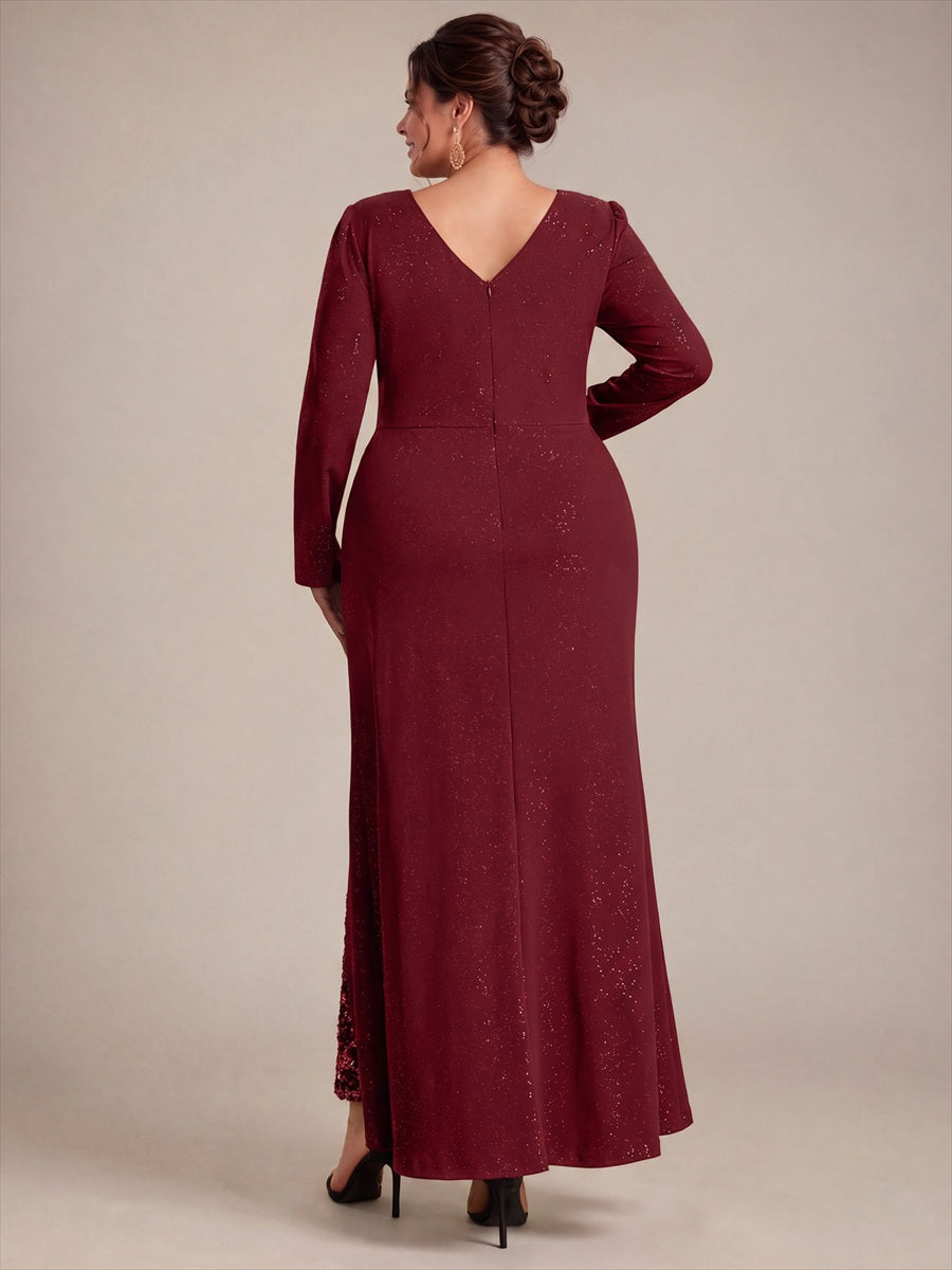 Robe maxi bodycon à manches longues en V avec sequins et fermeture éclair au dos #Couleur_Bordeaux