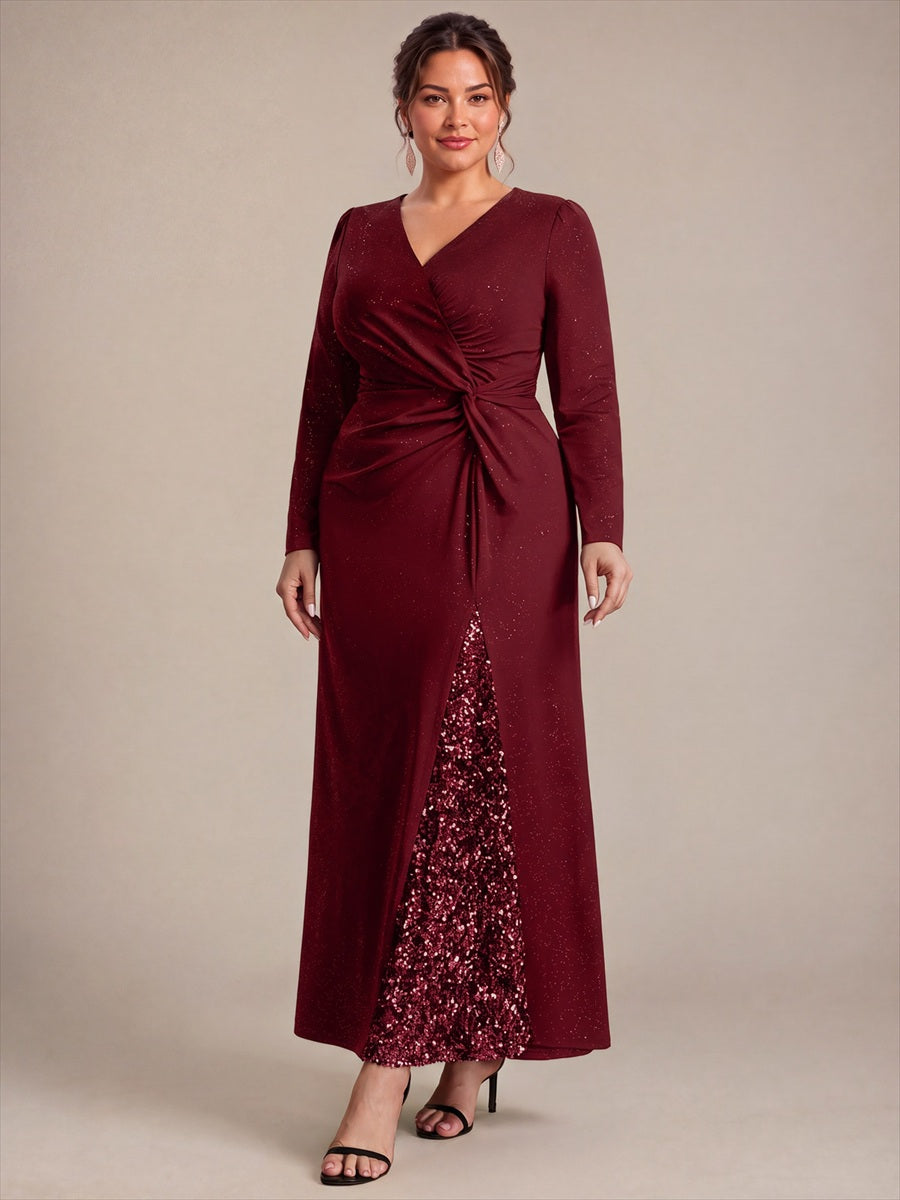 Robe maxi bodycon à manches longues en V avec sequins et fermeture éclair au dos #Couleur_Bordeaux