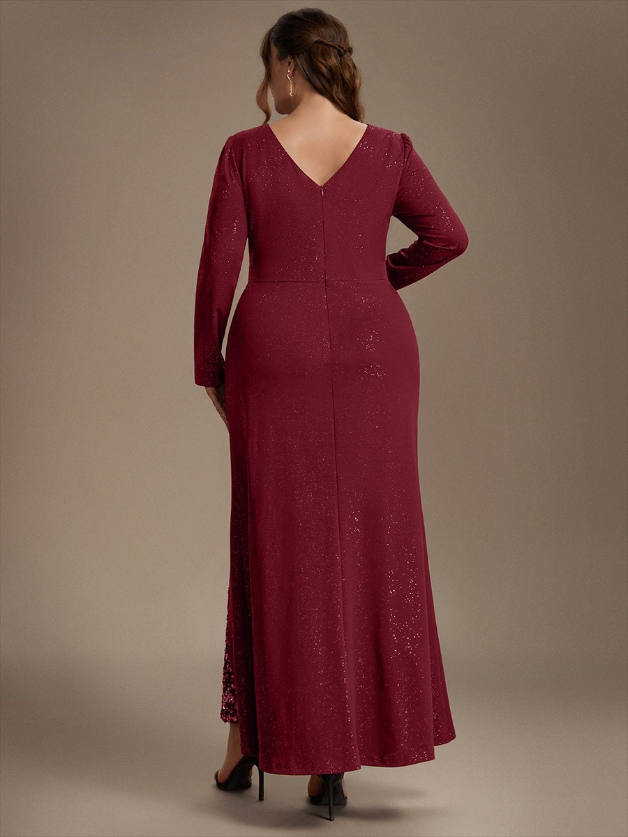Robe maxi bodycon à manches longues en V avec sequins et fermeture éclair au dos #Couleur_Bordeaux