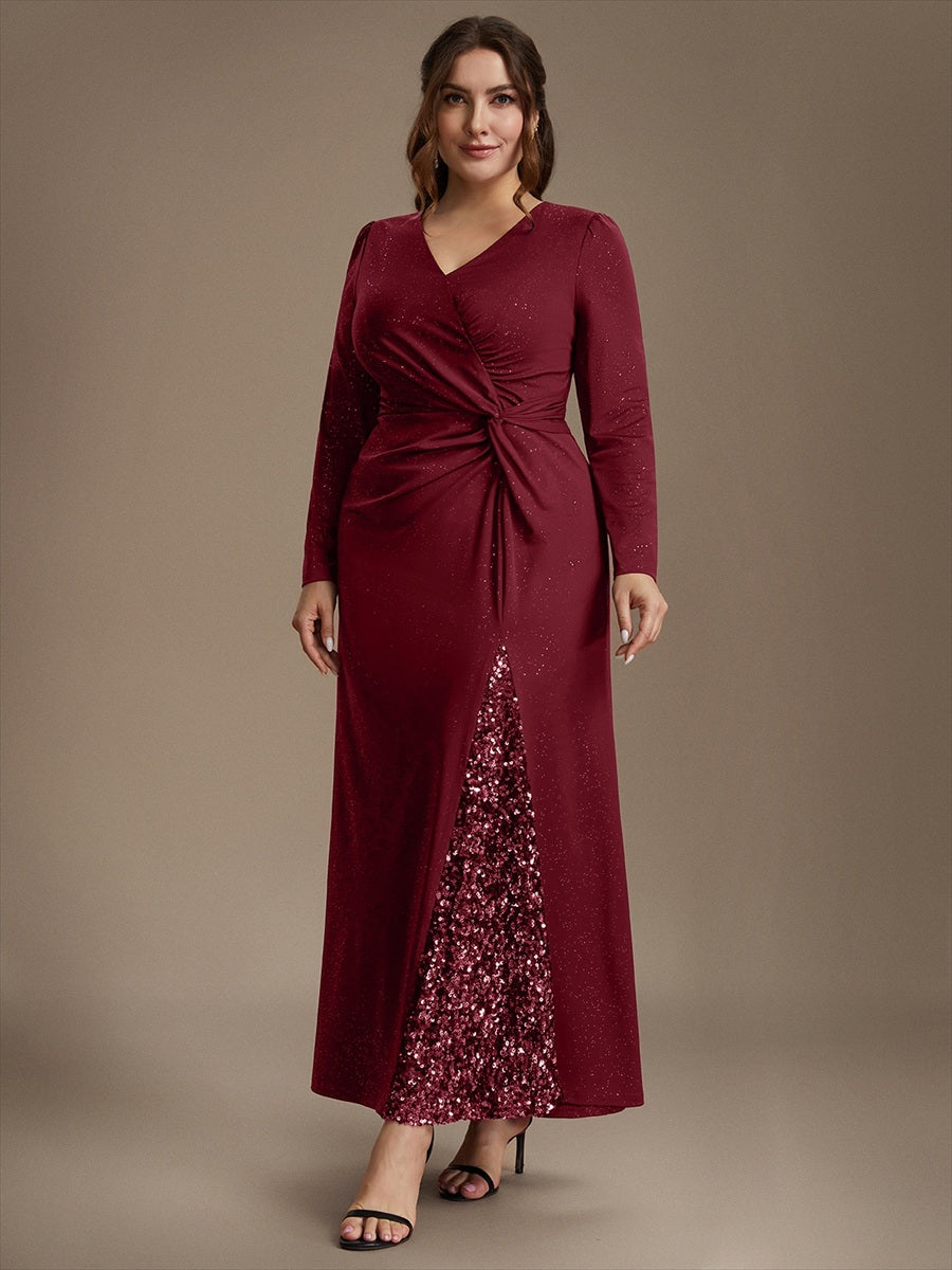 Robe maxi bodycon à manches longues en V avec sequins et fermeture éclair au dos #Couleur_Bordeaux