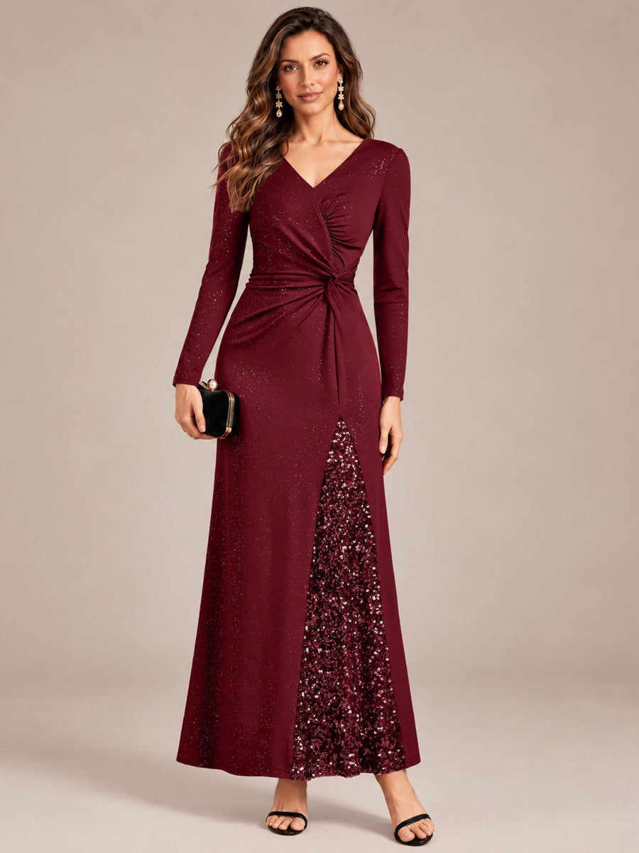 Robe maxi bodycon à manches longues en V avec sequins et fermeture éclair au dos #Couleur_Bordeaux