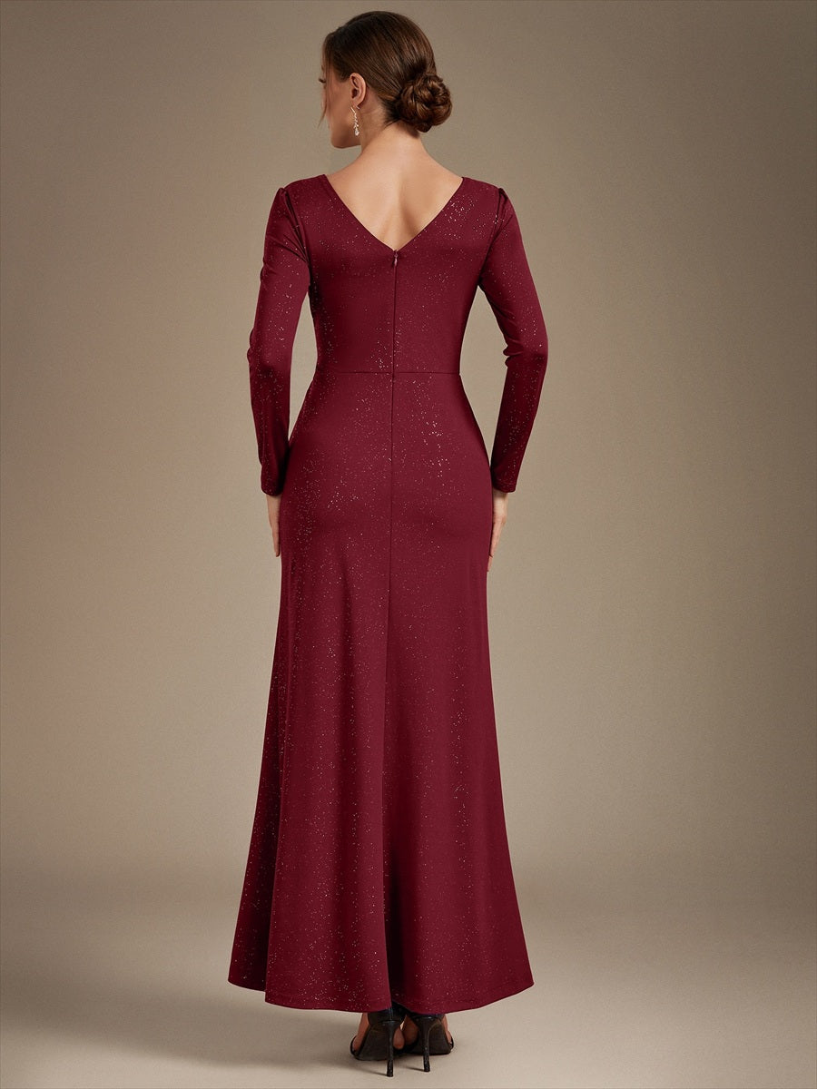 Robe maxi bodycon à manches longues en V avec sequins et fermeture éclair au dos #Couleur_Bordeaux