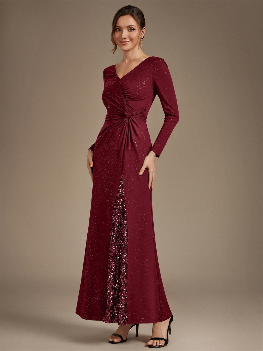 Robe maxi bodycon à manches longues en V avec sequins et fermeture éclair au dos #Couleur_Bordeaux