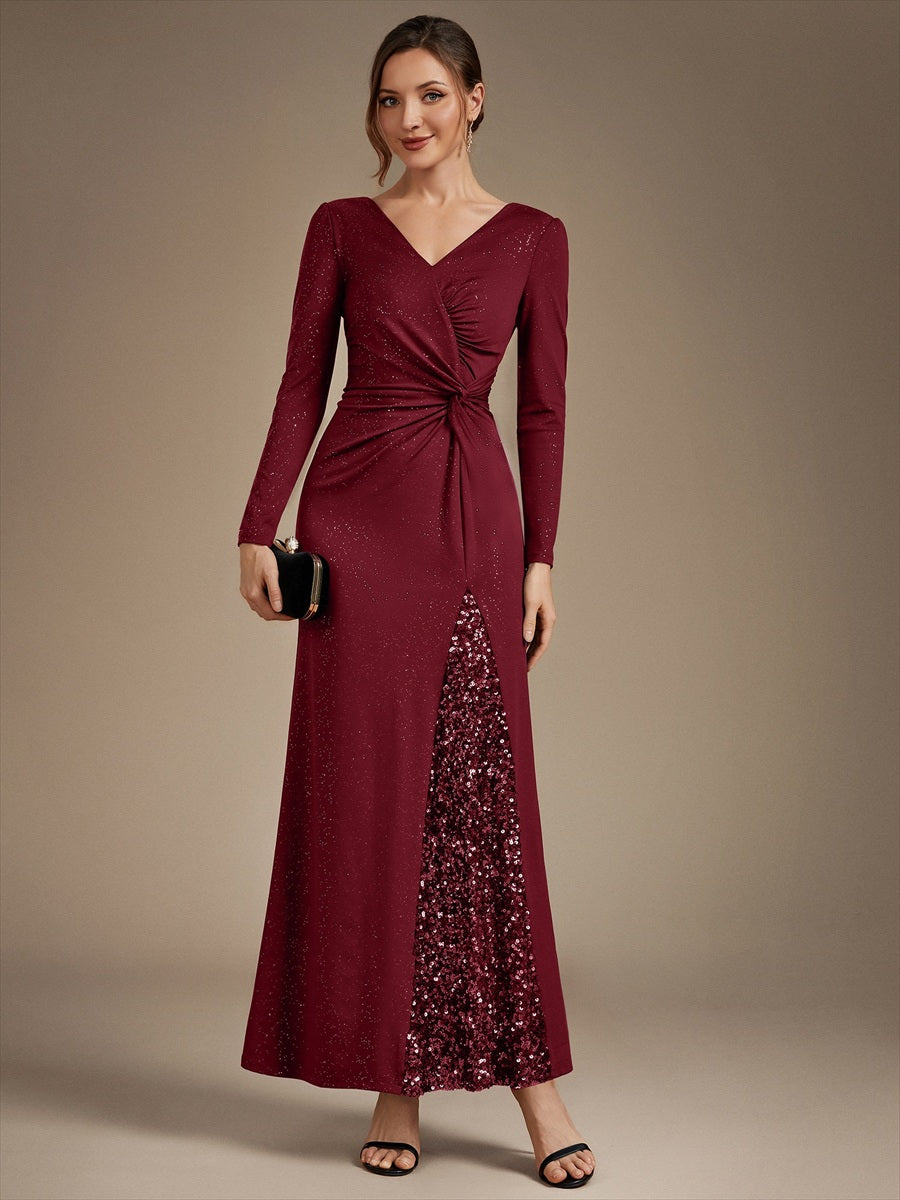 Robe maxi bodycon à manches longues en V avec sequins et fermeture éclair au dos #Couleur_Bordeaux