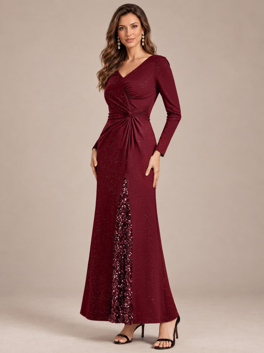 Robe maxi bodycon à manches longues en V avec sequins et fermeture éclair au dos #Couleur_Bordeaux