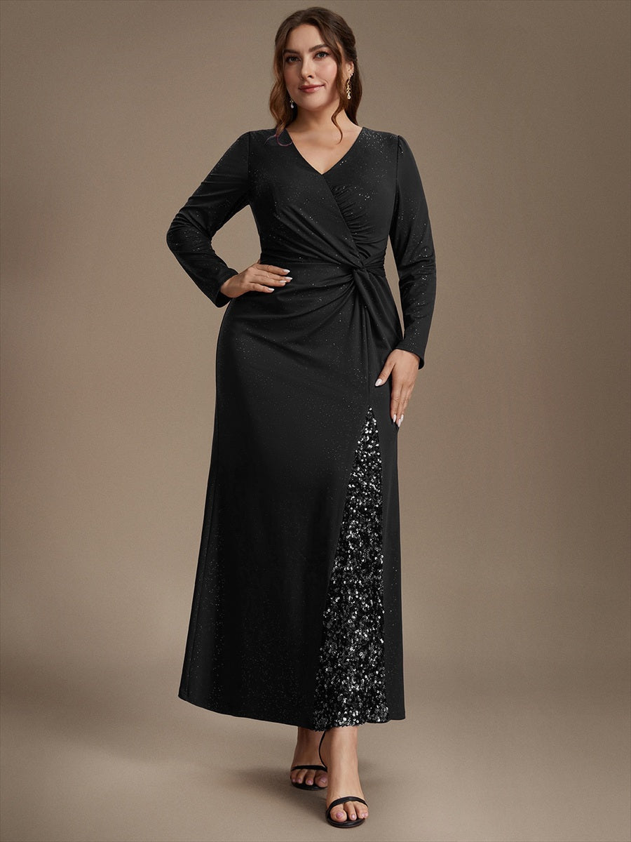 Robe maxi bodycon à manches longues en V avec sequins et fermeture éclair au dos #Couleur_Noir
