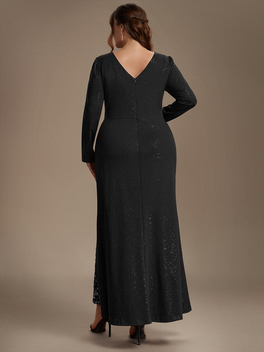 Robe maxi bodycon à manches longues en V avec sequins et fermeture éclair au dos #Couleur_Noir