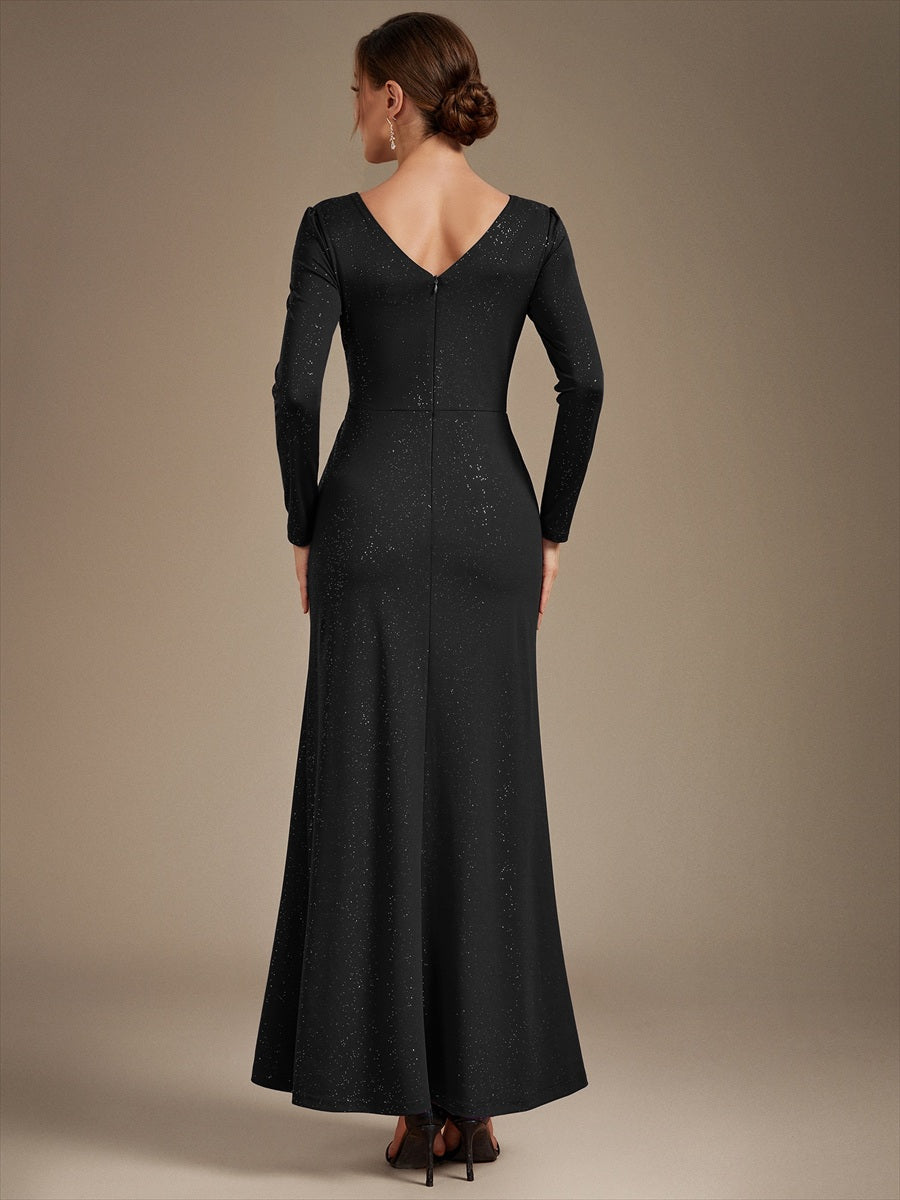 Robe maxi bodycon à manches longues en V avec sequins et fermeture éclair au dos #Couleur_Noir
