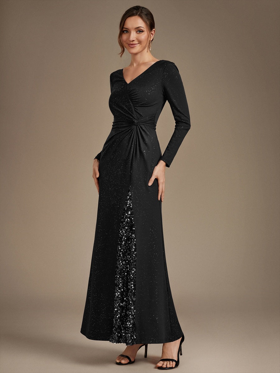 Robe maxi bodycon à manches longues en V avec sequins et fermeture éclair au dos #Couleur_Noir