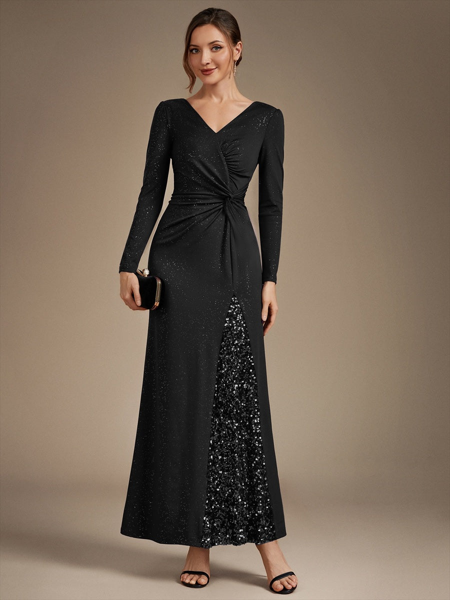 Robe maxi bodycon à manches longues en V avec sequins et fermeture éclair au dos #Couleur_Noir