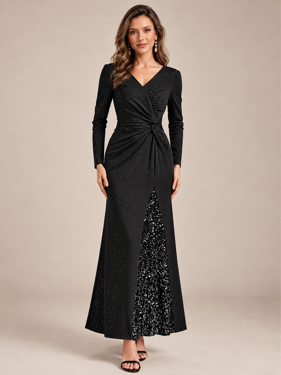 Robe maxi bodycon à manches longues en V avec sequins et fermeture éclair au dos #Couleur_Noir