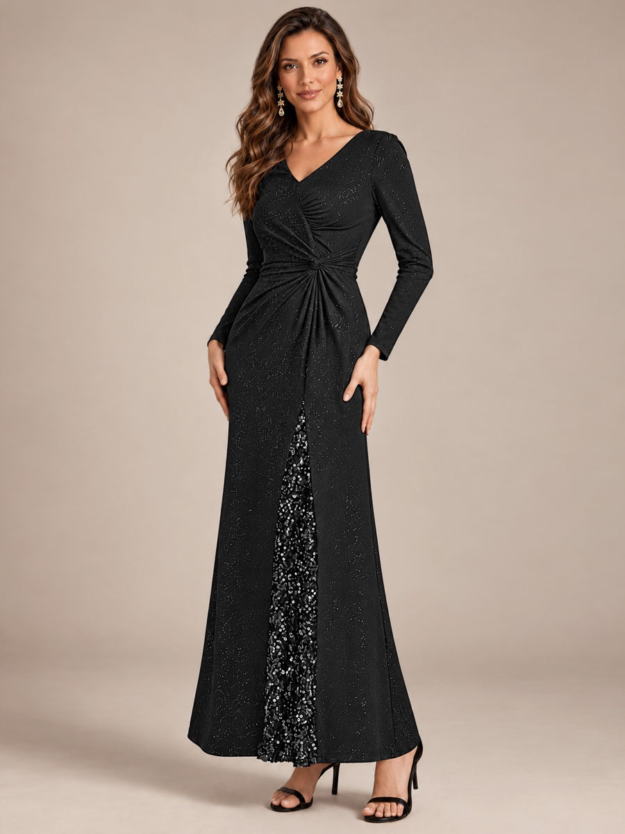 Robe maxi bodycon à manches longues en V avec sequins et fermeture éclair au dos #Couleur_Noir