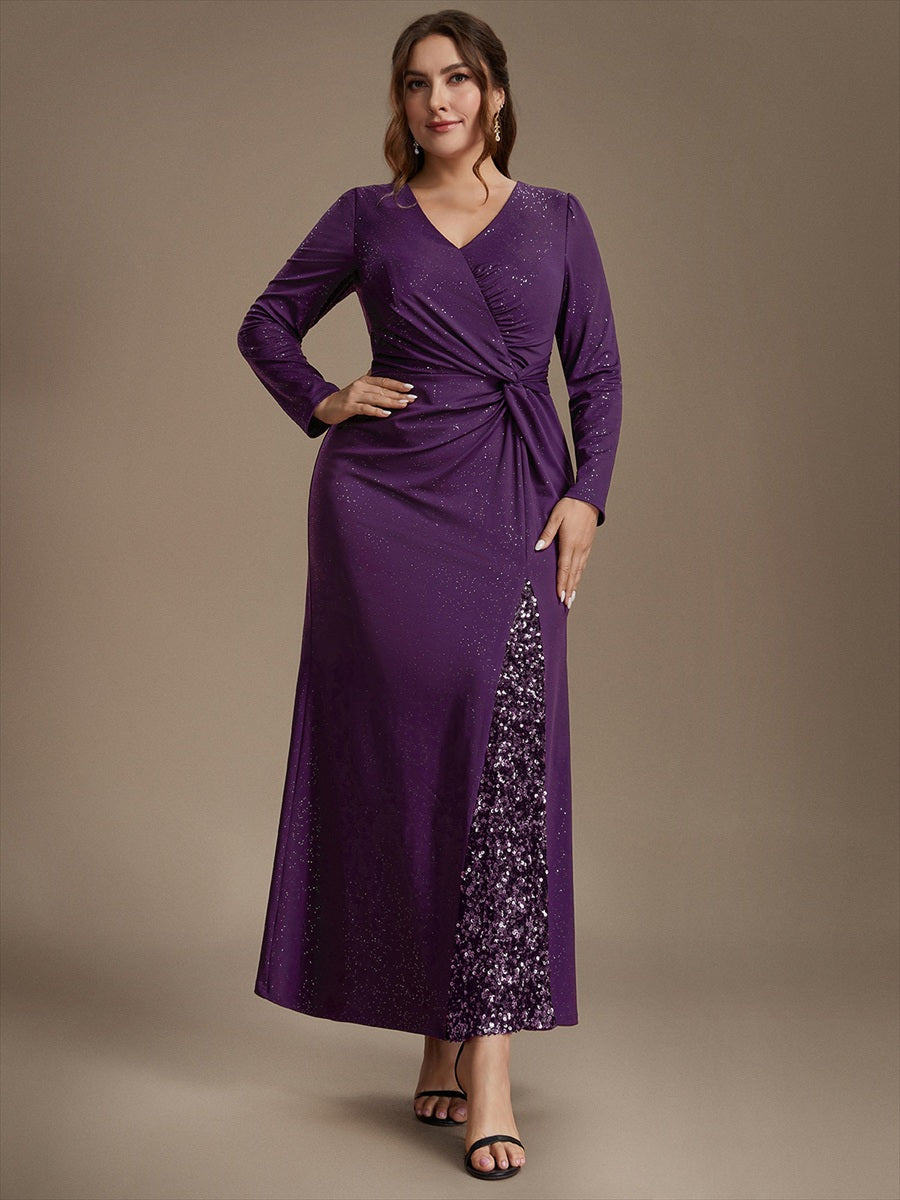 Robe maxi bodycon à manches longues en V avec sequins et fermeture éclair au dos #Couleur_Violet Fonce