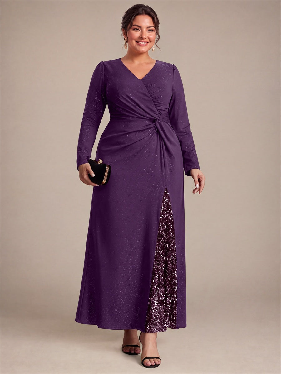 Robe maxi bodycon à manches longues en V avec sequins et fermeture éclair au dos #Couleur_Violet Fonce