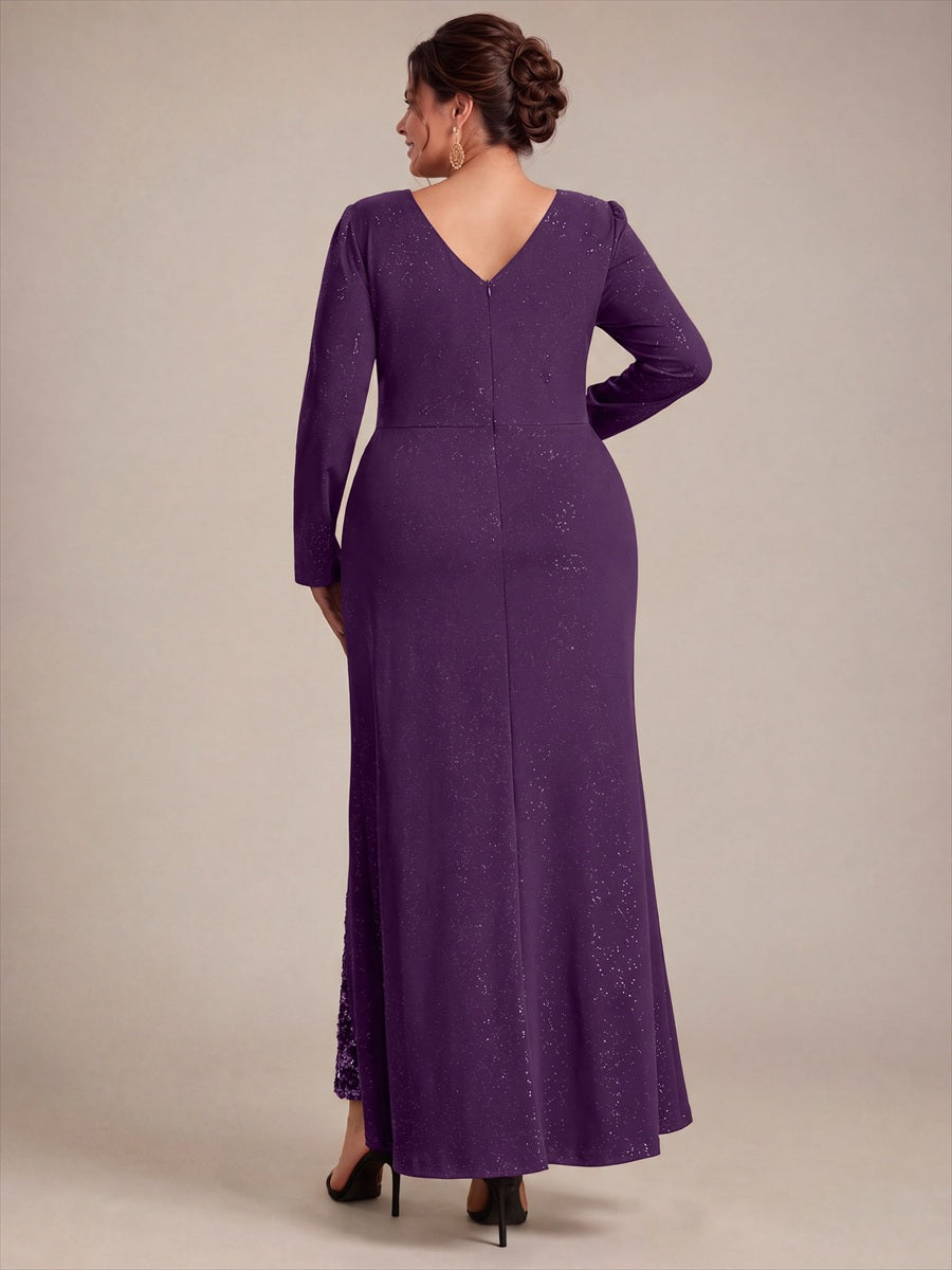 Robe maxi bodycon à manches longues en V avec sequins et fermeture éclair au dos #Couleur_Violet Fonce