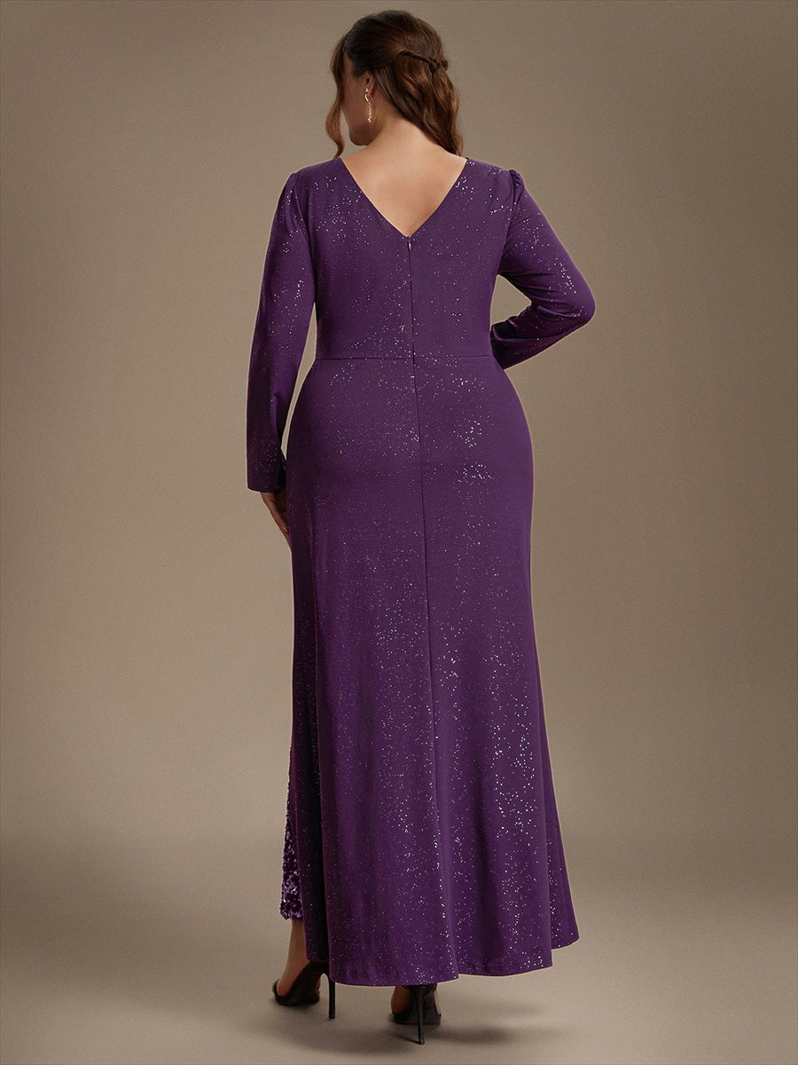 Robe maxi bodycon à manches longues en V avec sequins et fermeture éclair au dos #Couleur_Violet Fonce