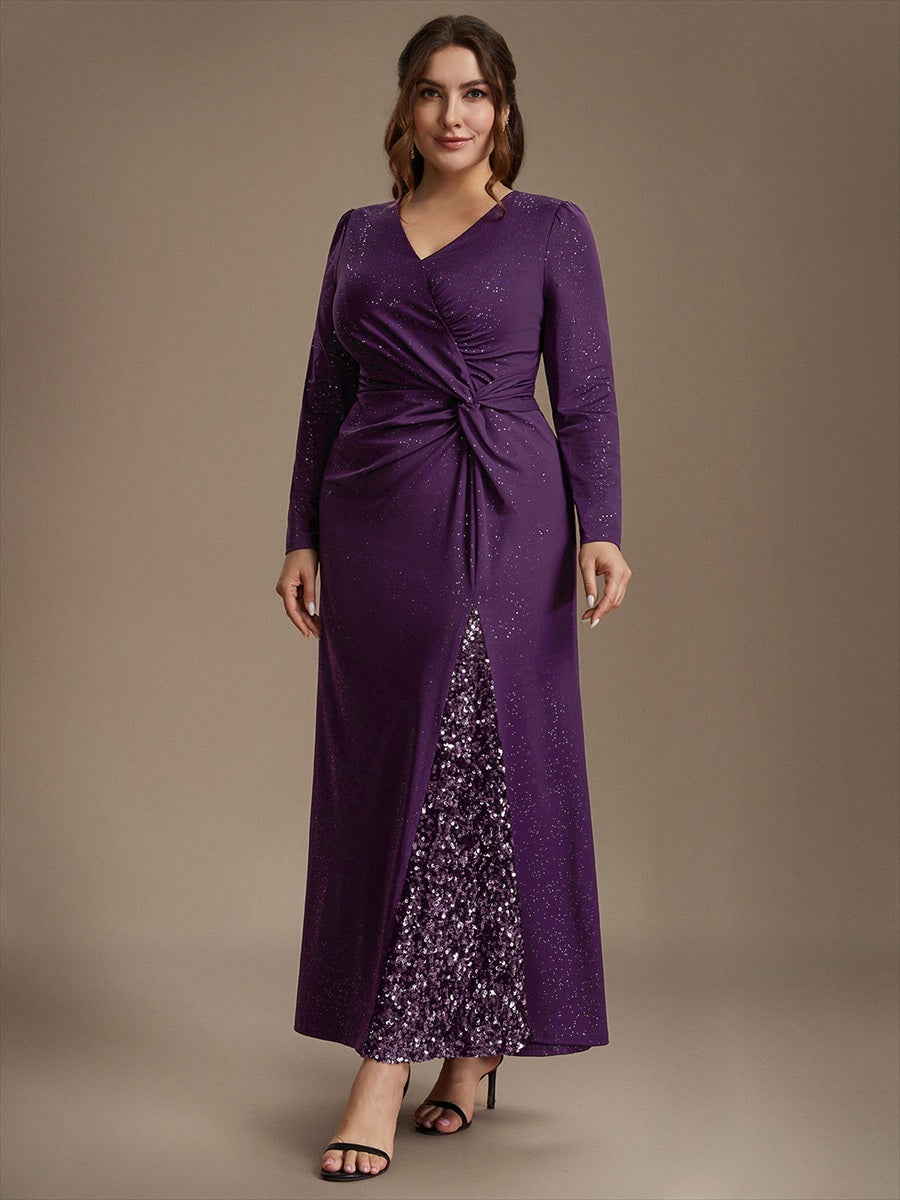 Robe maxi bodycon à manches longues en V avec sequins et fermeture éclair au dos #Couleur_Violet Fonce