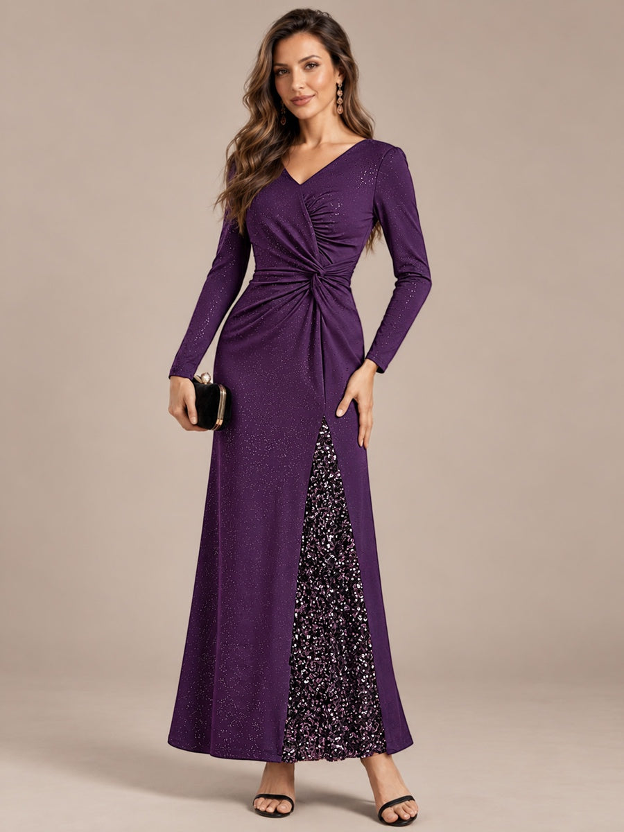 Robe maxi bodycon à manches longues en V avec sequins et fermeture éclair au dos #Couleur_Violet Fonce