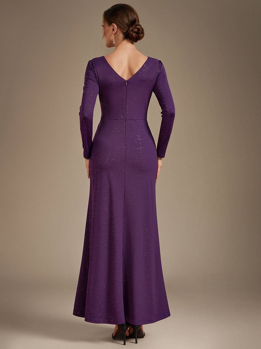 Robe maxi bodycon à manches longues en V avec sequins et fermeture éclair au dos #Couleur_Violet Fonce