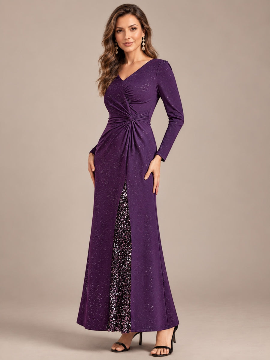 Robe maxi bodycon à manches longues en V avec sequins et fermeture éclair au dos #Couleur_Violet Fonce