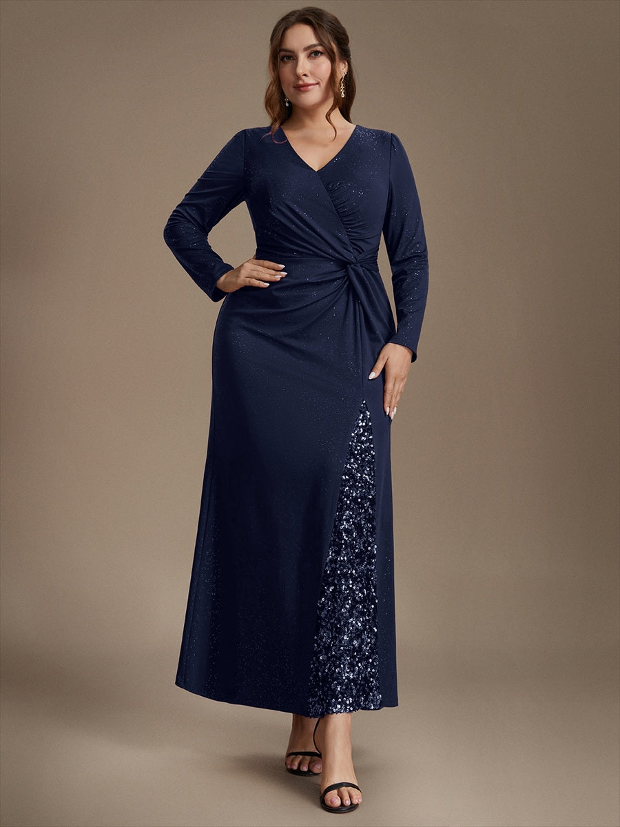 Robe maxi bodycon à manches longues en V avec sequins et fermeture éclair au dos #Couleur_Bleu Marine